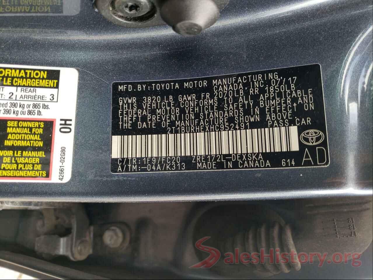 2T1BURHEXHC952491 2017 TOYOTA COROLLA