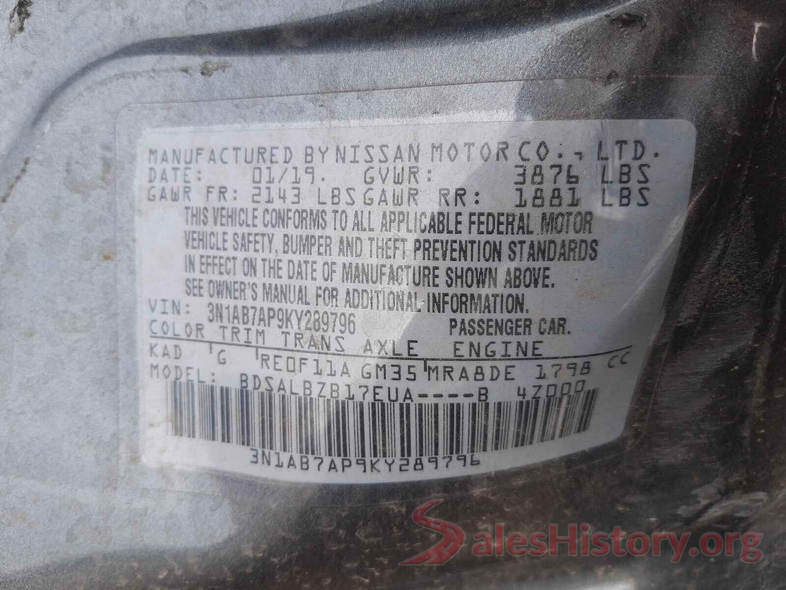 3N1AB7AP9KY289796 2019 NISSAN SENTRA