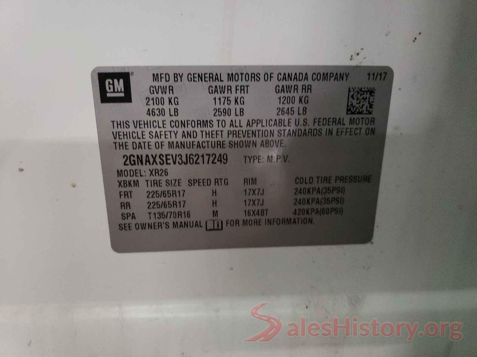 2GNAXSEV3J6217249 2018 CHEVROLET EQUINOX