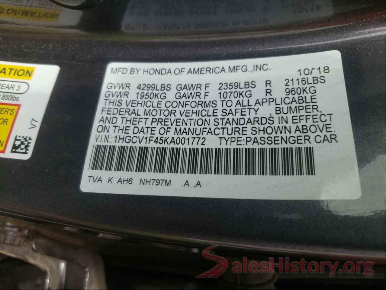 1HGCV1F45KA001772 2019 HONDA ACCORD