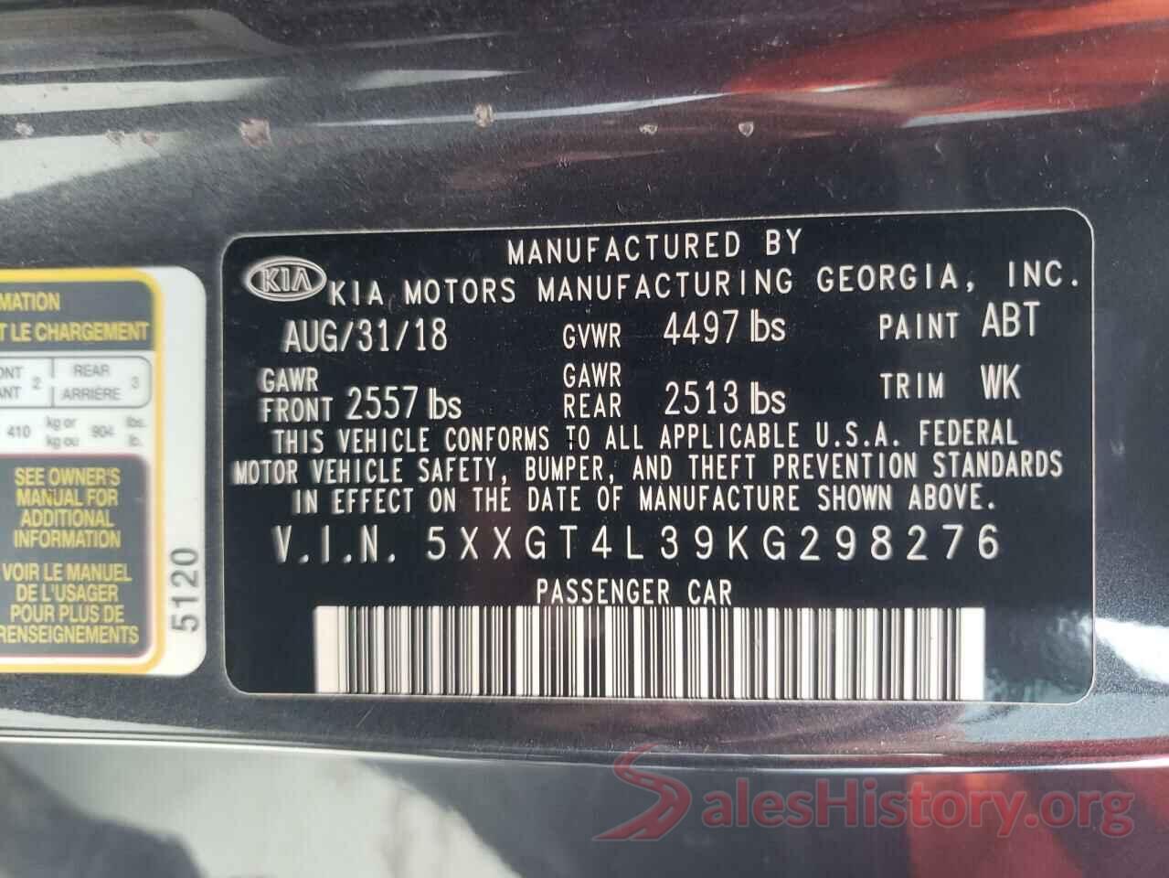 5XXGT4L39KG298276 2019 KIA OPTIMA