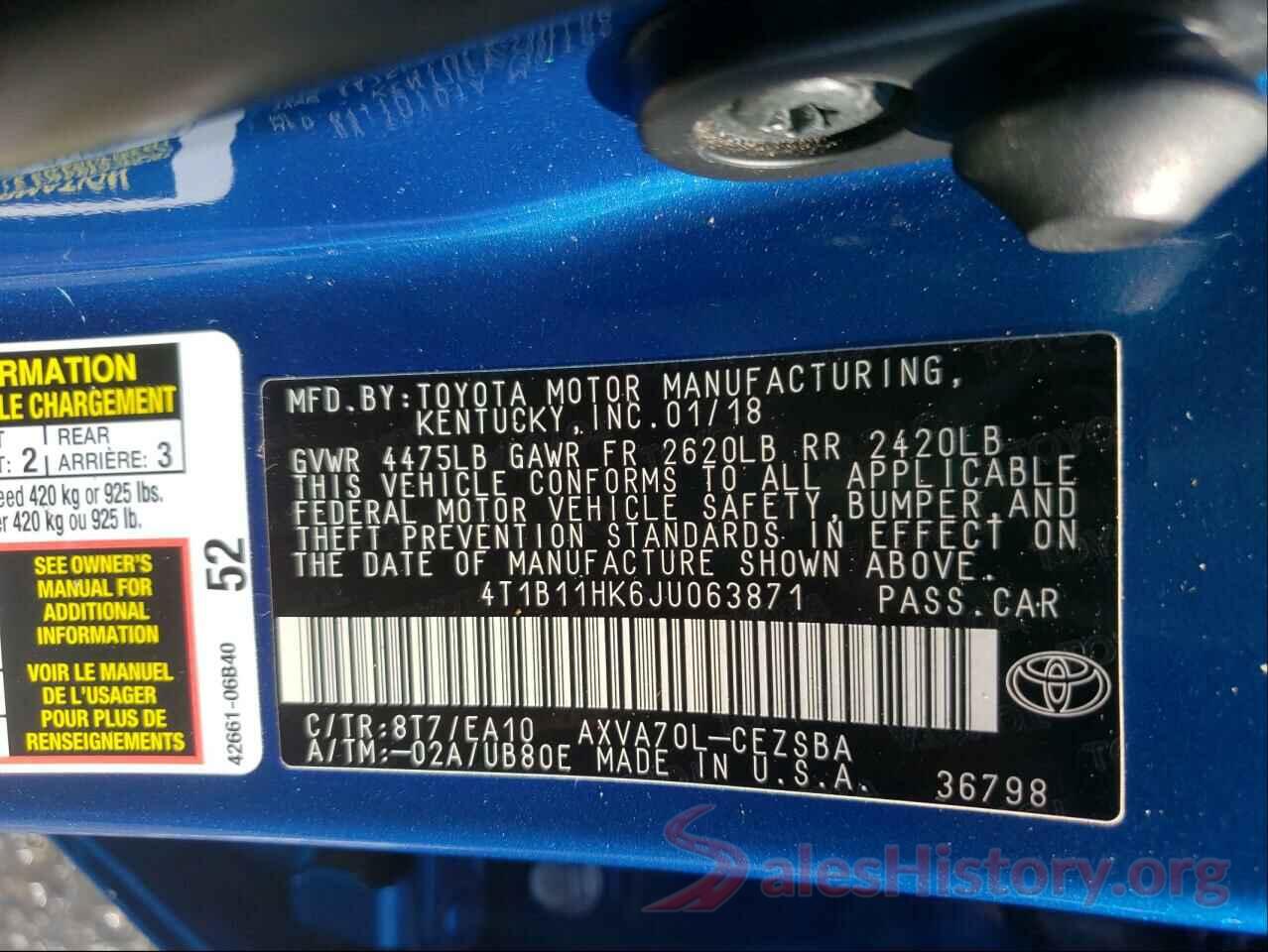 4T1B11HK6JU063871 2018 TOYOTA CAMRY