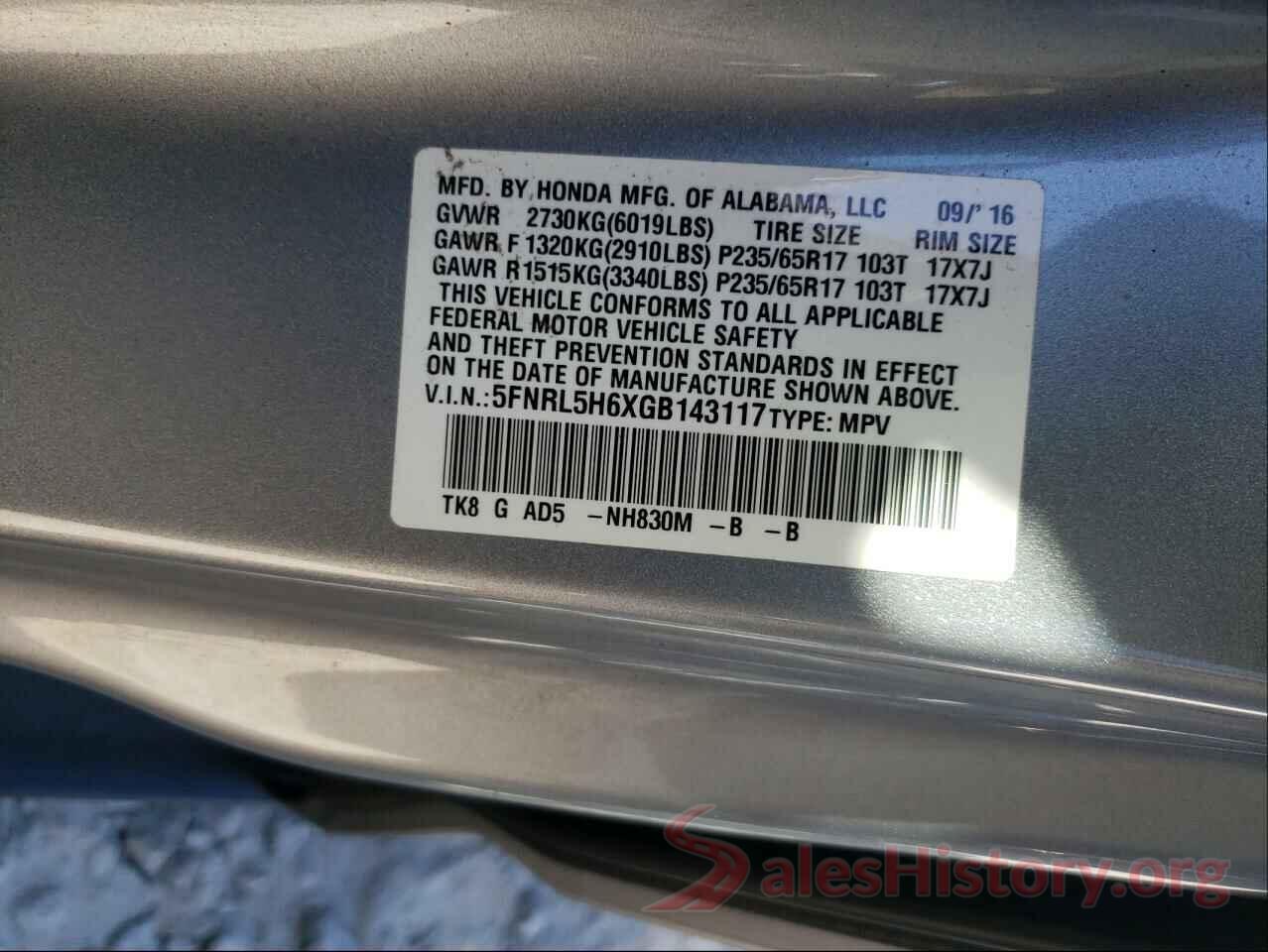 5FNRL5H6XGB143117 2016 HONDA ODYSSEY