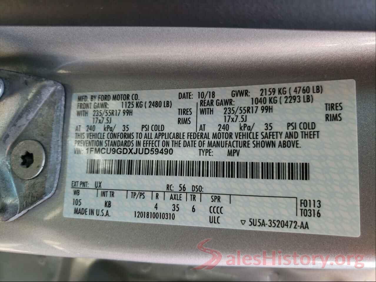 1FMCU9GDXJUD59490 2018 FORD ESCAPE