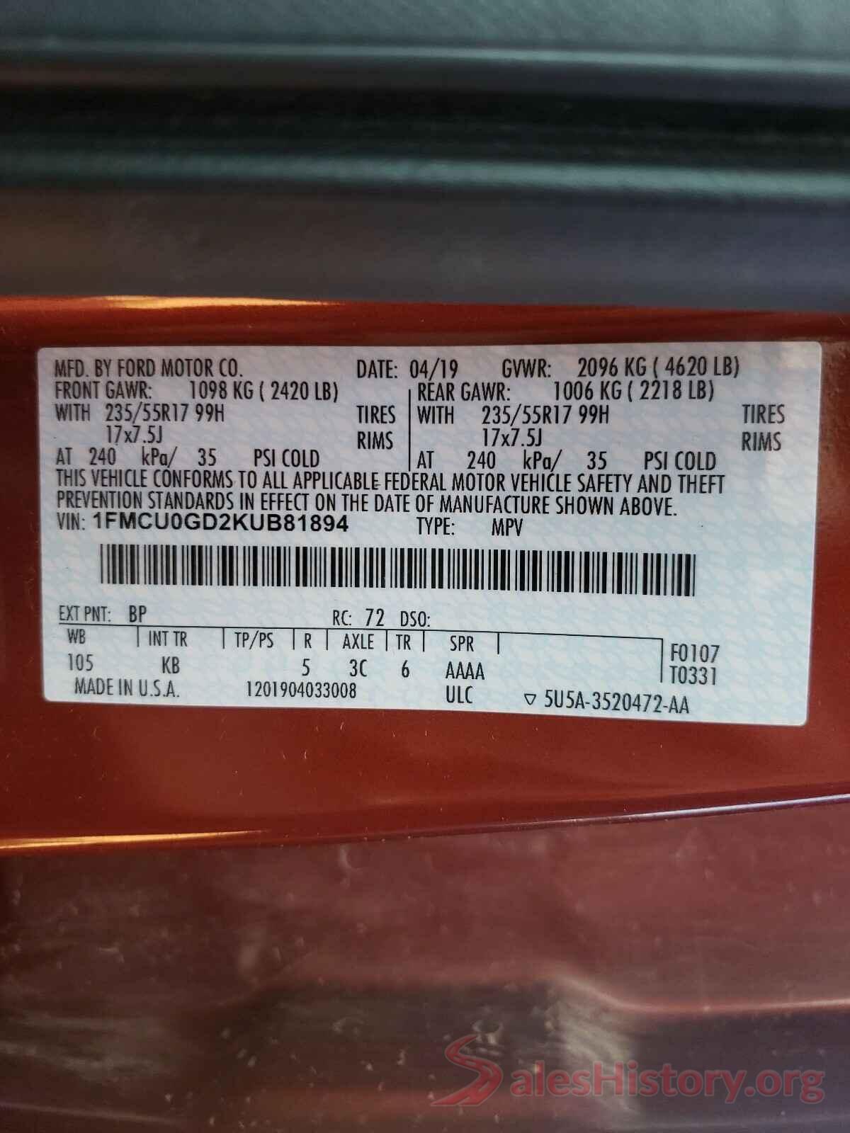 1FMCU0GD2KUB81894 2019 FORD ESCAPE