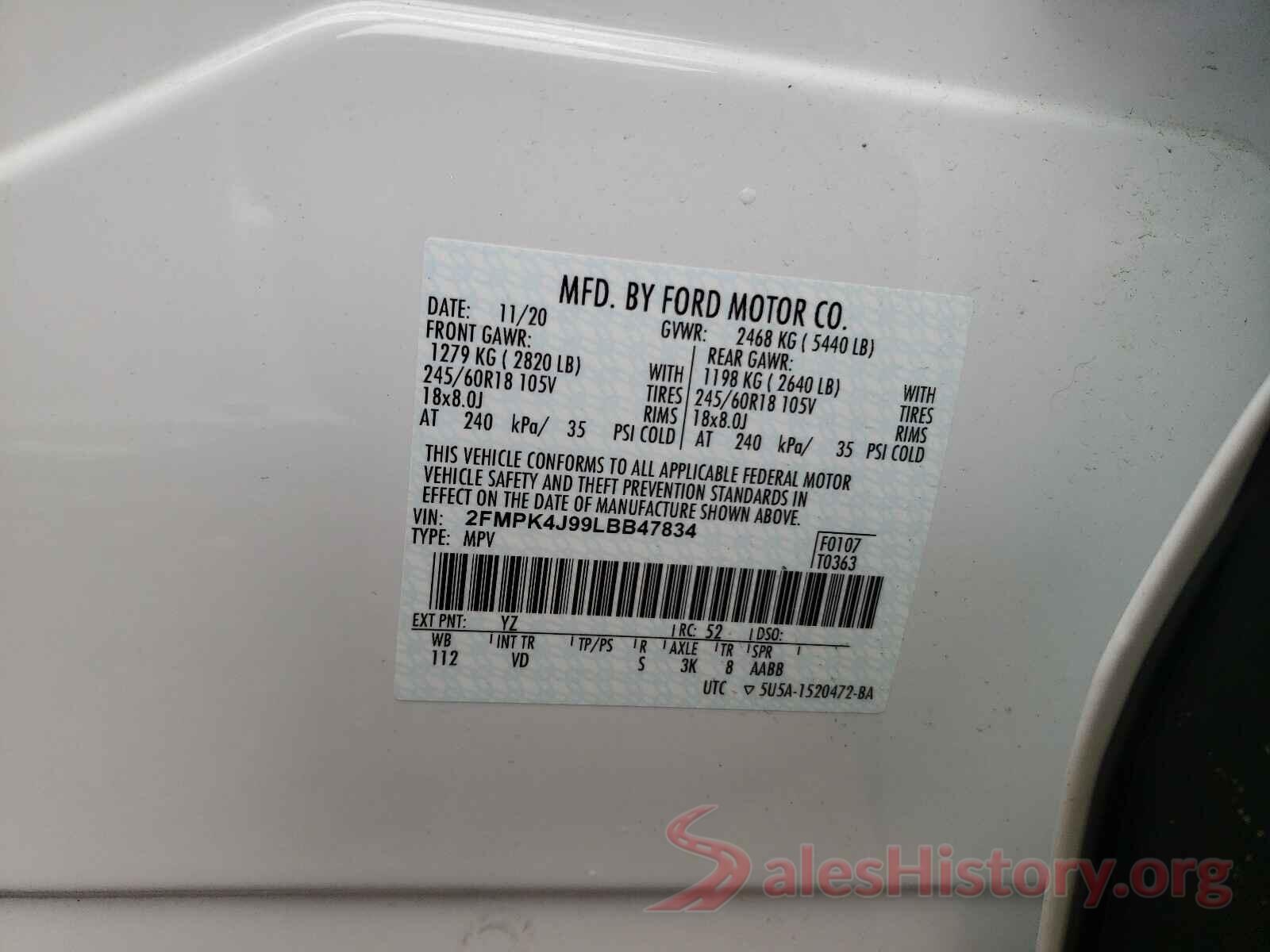 2FMPK4J99LBB47834 2020 FORD EDGE