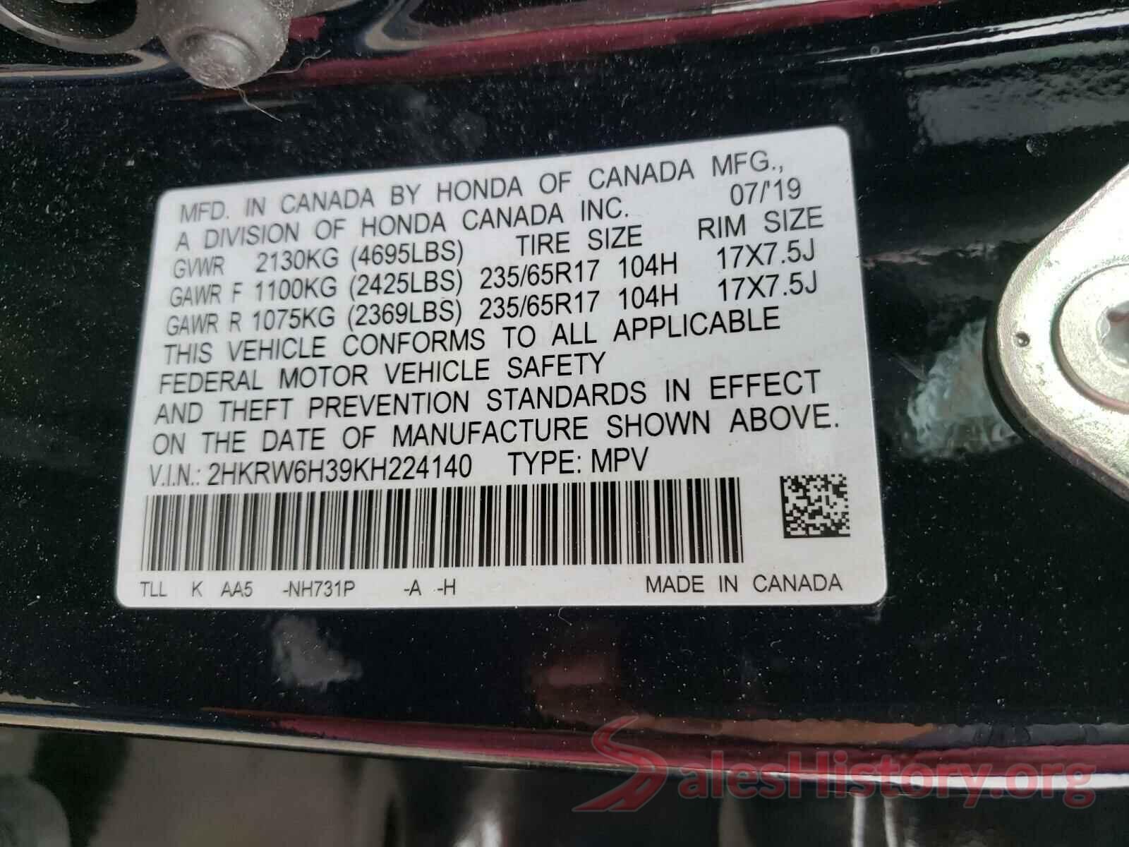 2HKRW6H39KH224140 2019 HONDA CRV