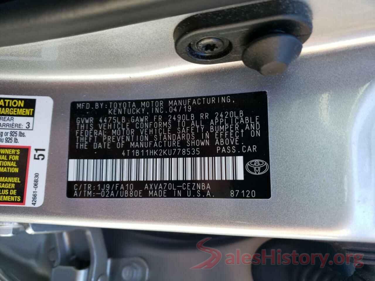 4T1B11HK2KU778535 2019 TOYOTA CAMRY