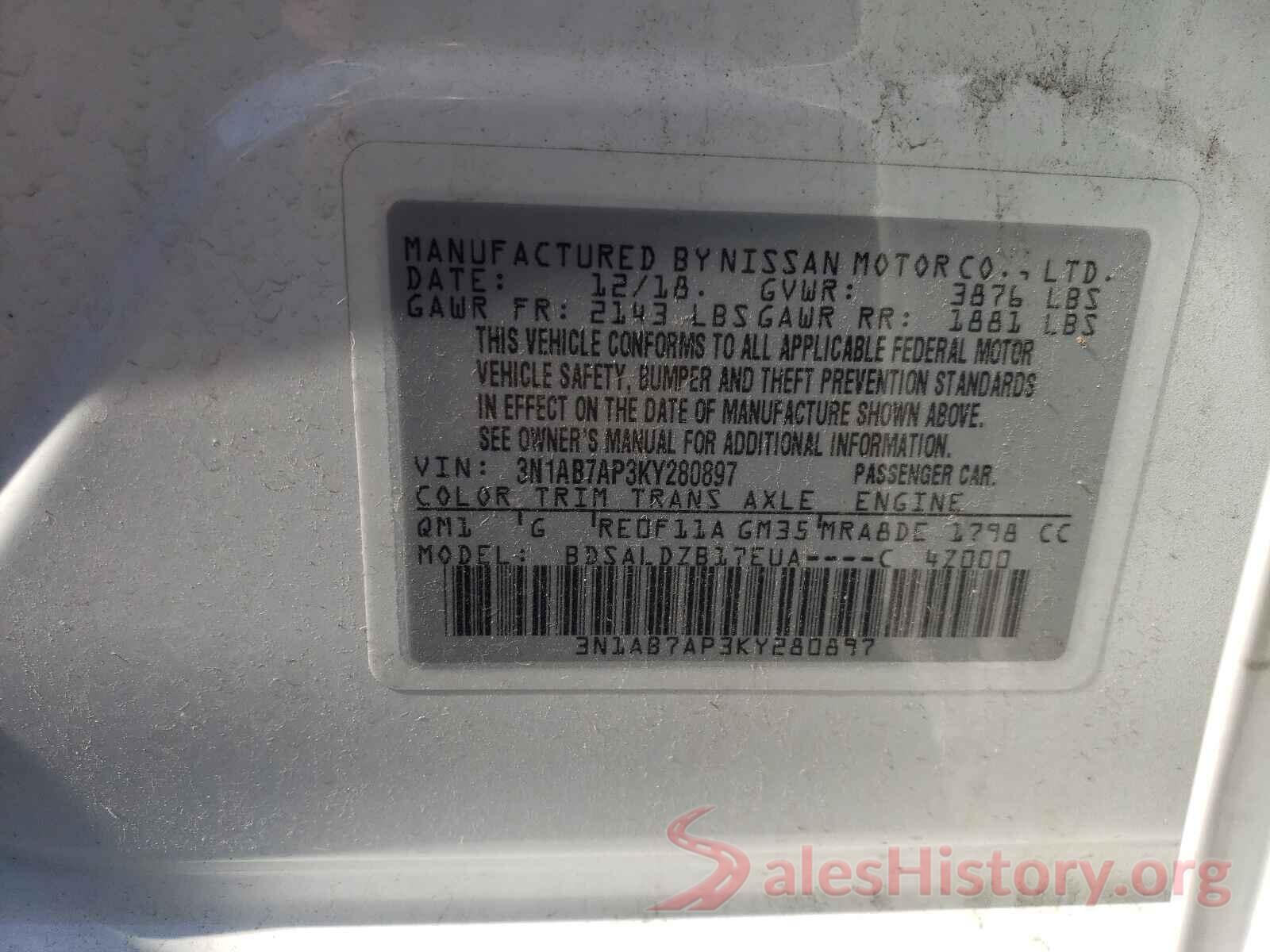 3N1AB7AP3KY280897 2019 NISSAN SENTRA