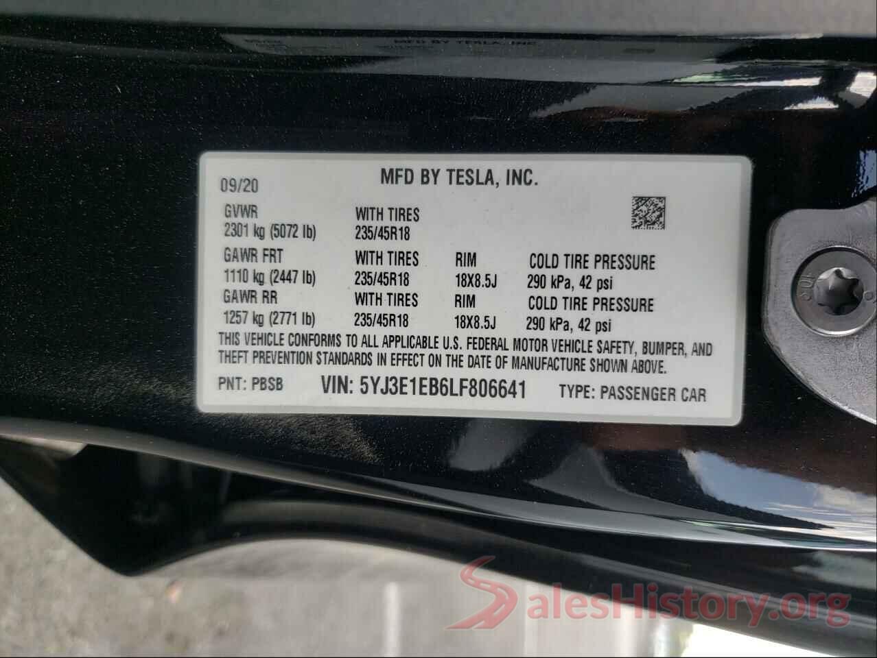 5YJ3E1EB6LF806641 2020 TESLA MODEL 3