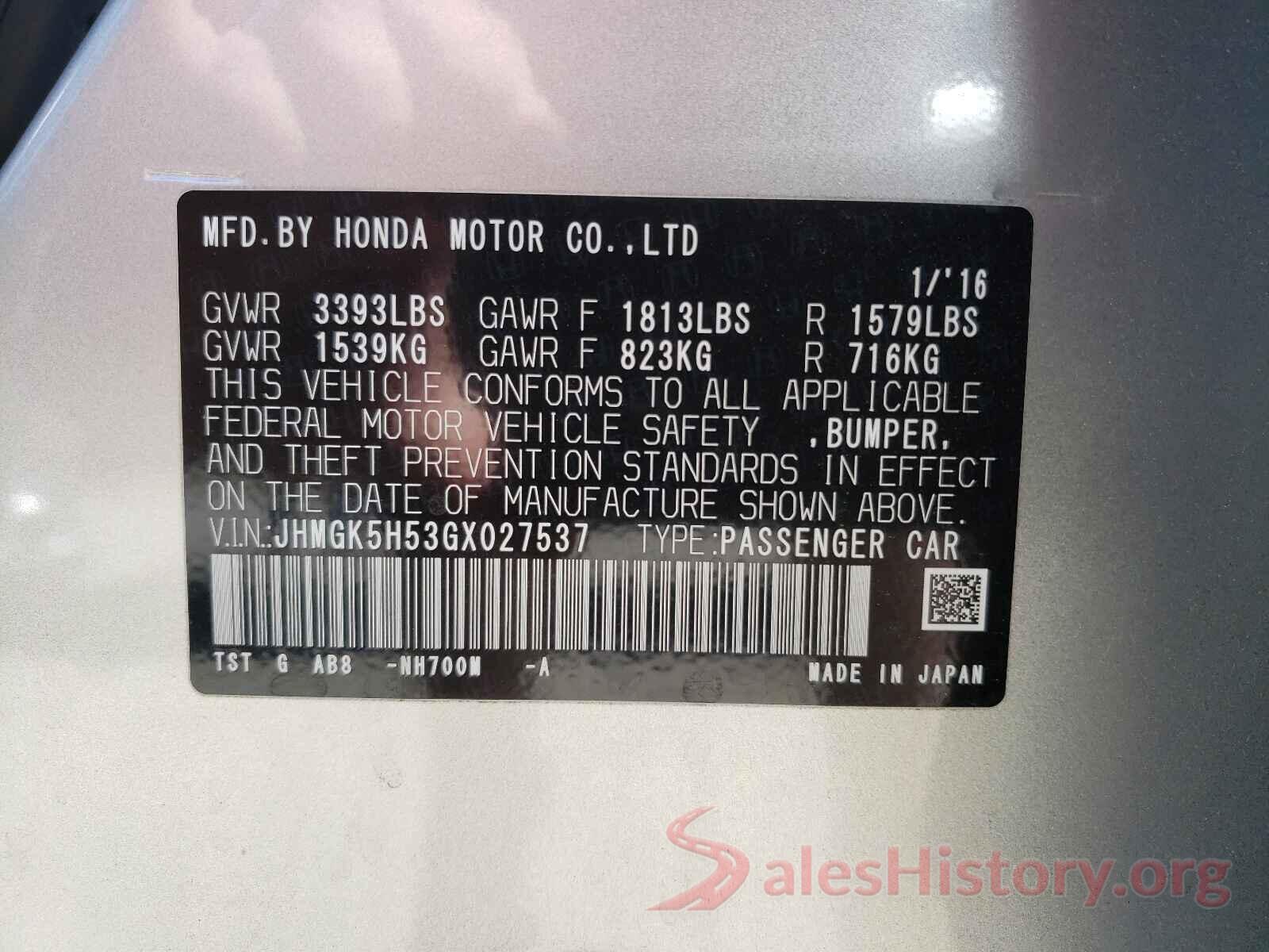 JHMGK5H53GX027537 2016 HONDA FIT