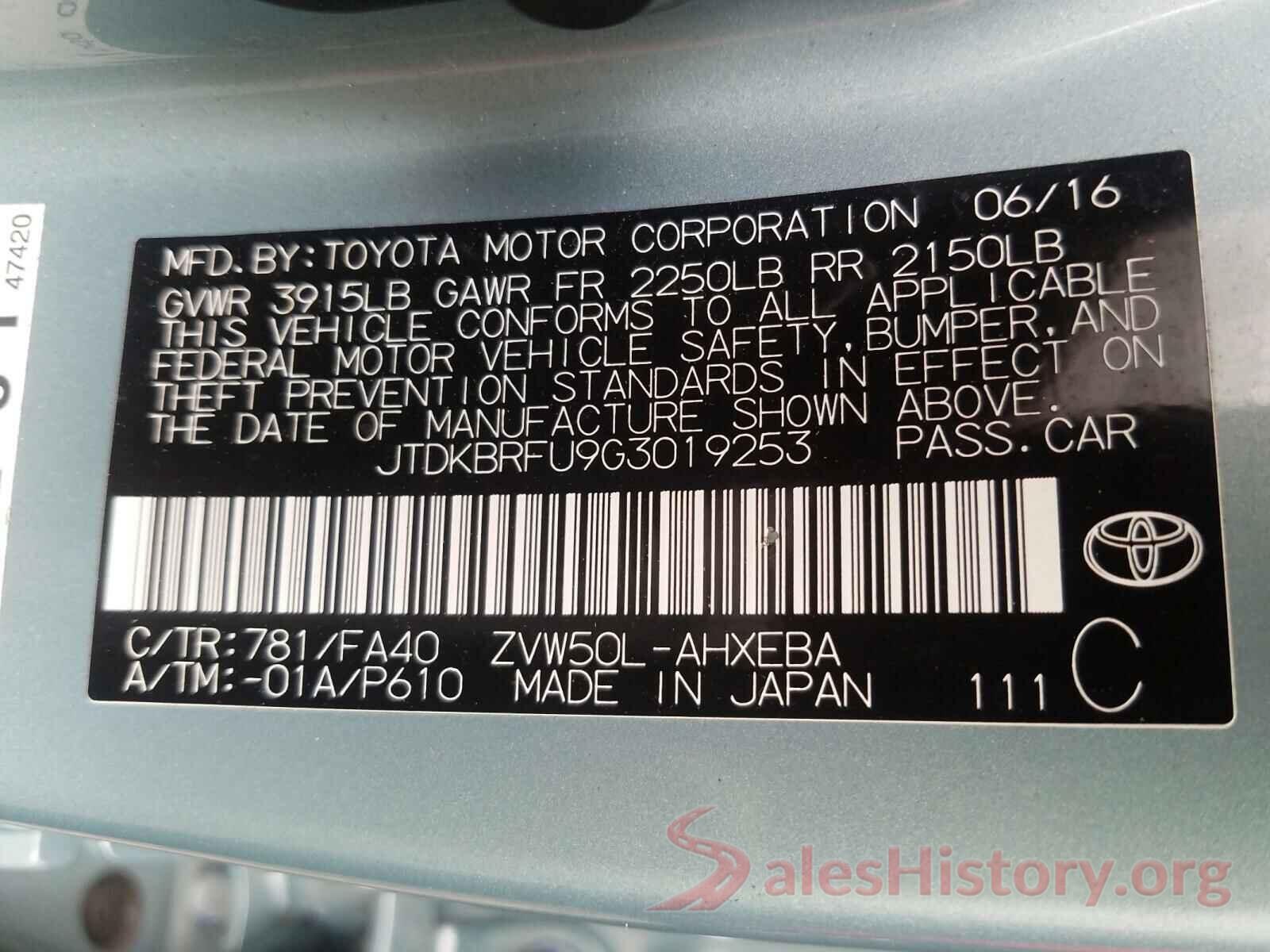 JTDKBRFU9G3019253 2016 TOYOTA PRIUS