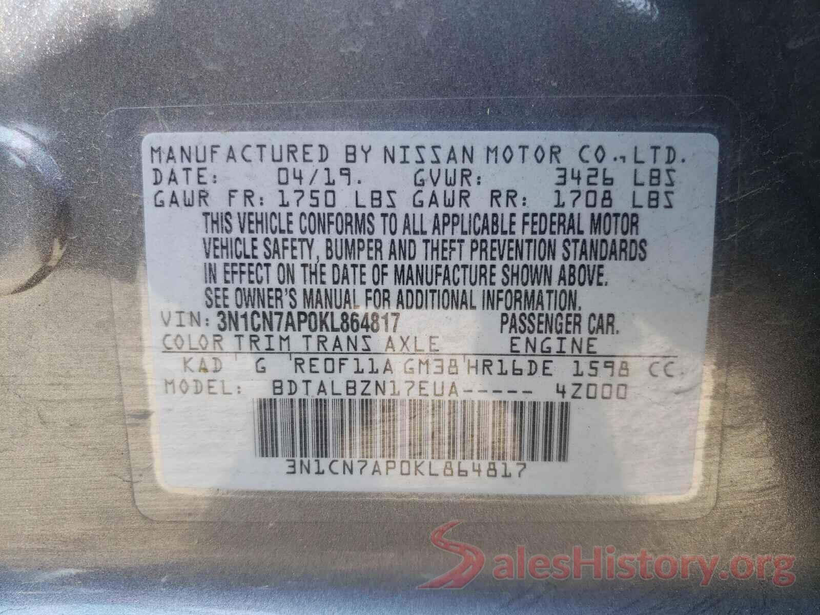 3N1CN7AP0KL864817 2019 NISSAN VERSA