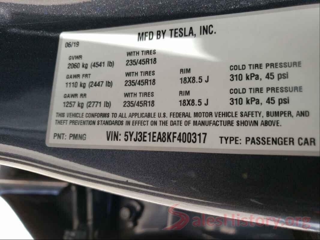 5YJ3E1EA8KF400317 2019 TESLA MODEL 3