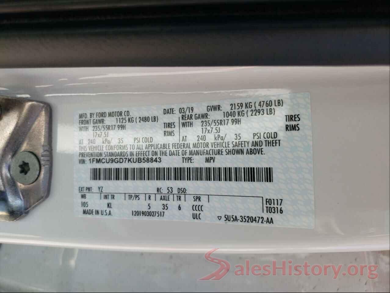 1FMCU9GD7KUB58843 2019 FORD ESCAPE