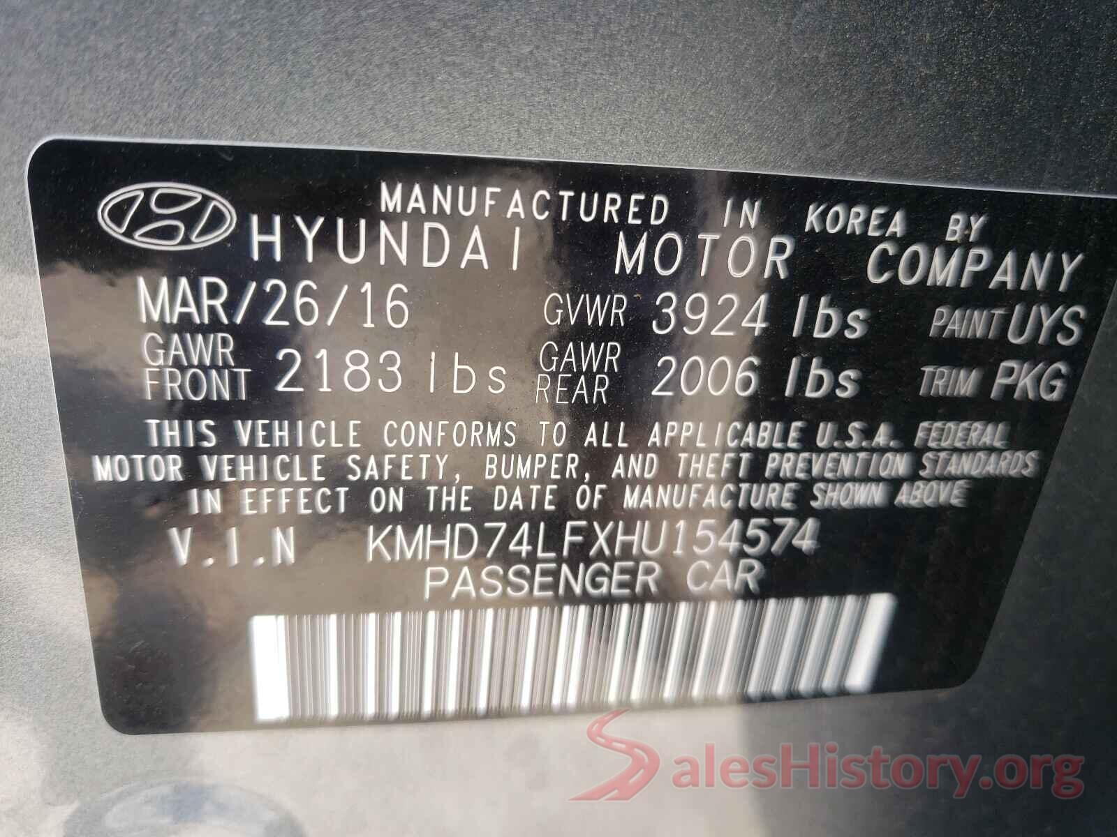 KMHD74LFXHU154574 2017 HYUNDAI ELANTRA