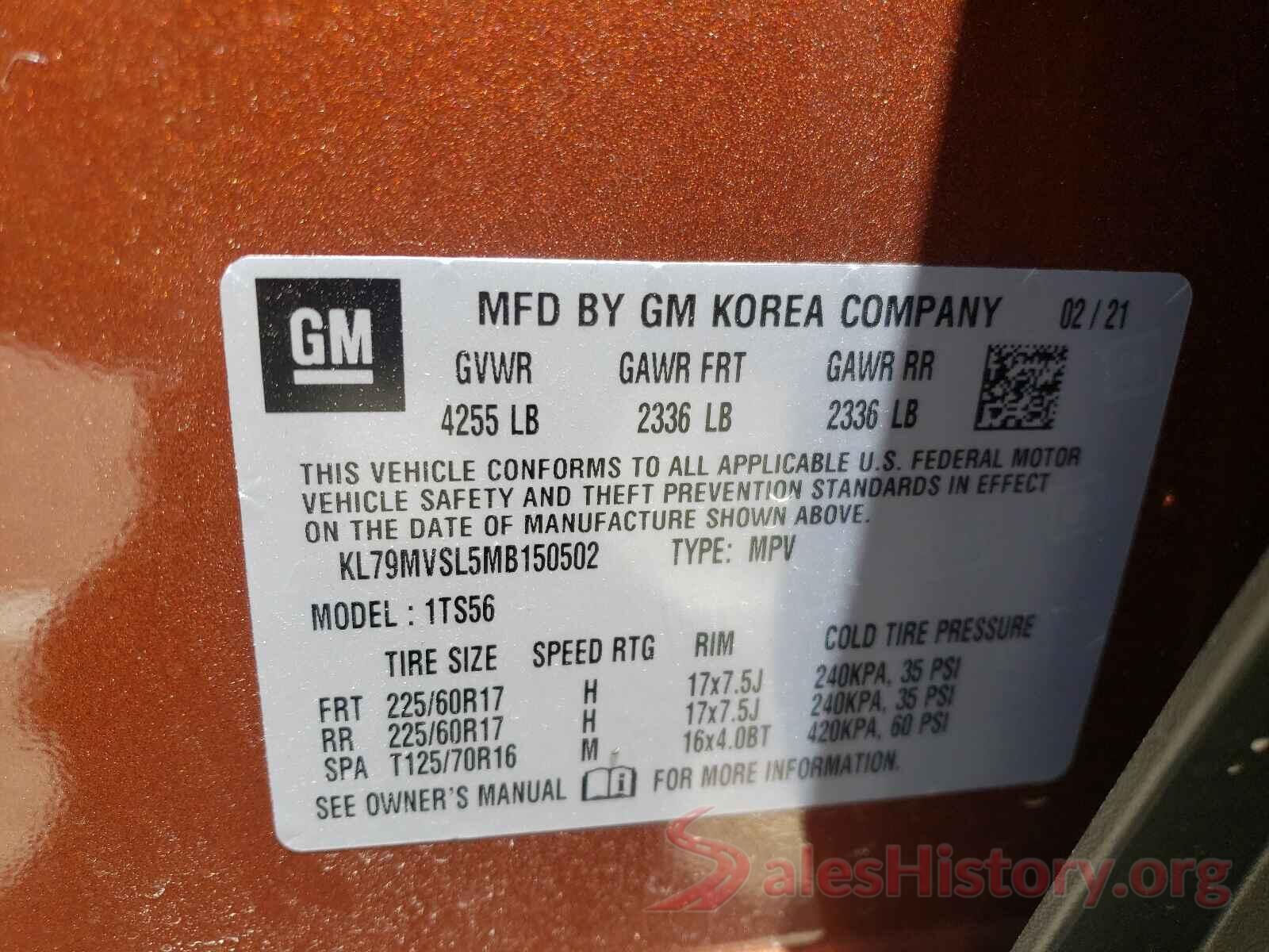 KL79MVSL5MB150502 2021 CHEVROLET TRAILBLAZE