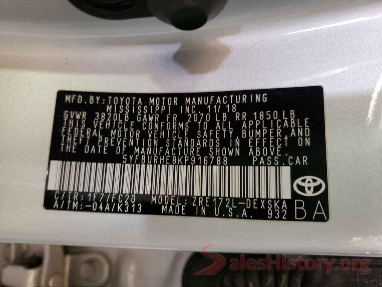 5YFBURHE8KP916788 2019 TOYOTA COROLLA