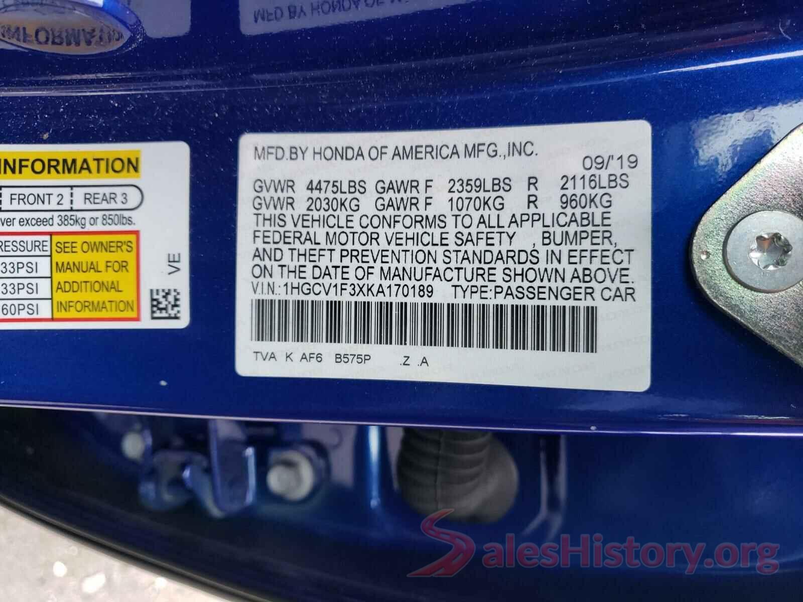 1HGCV1F3XKA170189 2019 HONDA ACCORD