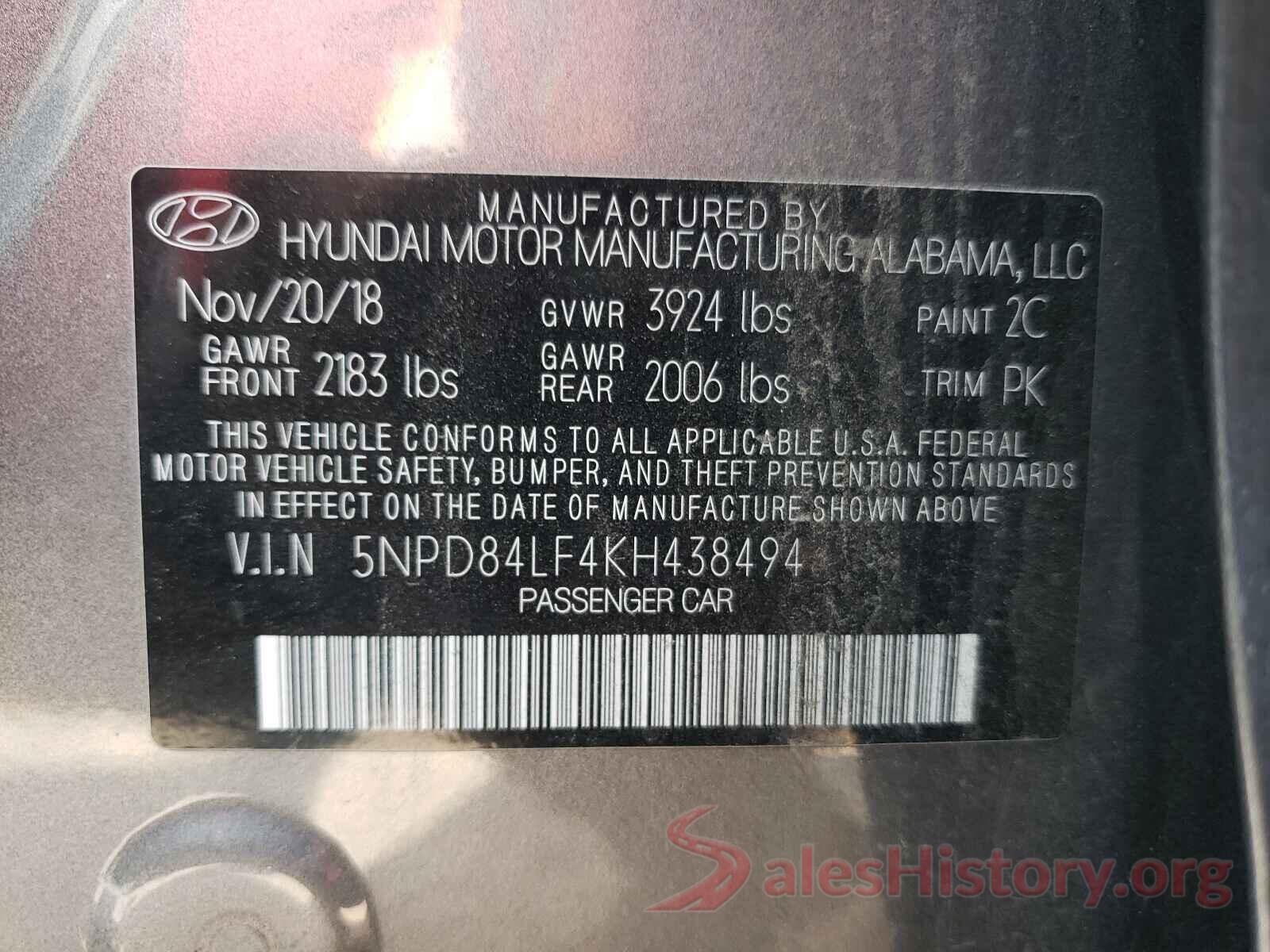 5NPD84LF4KH438494 2019 HYUNDAI ELANTRA