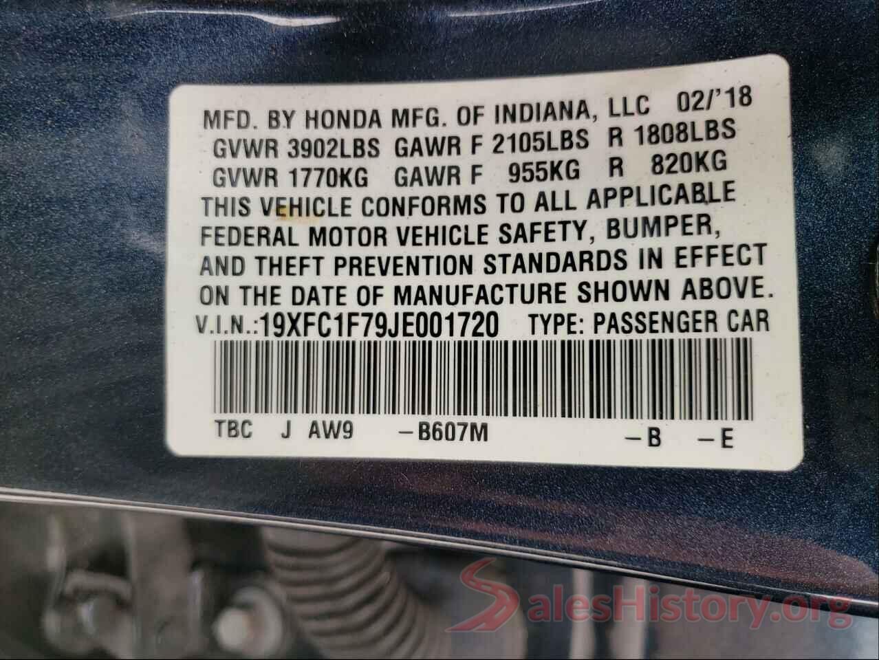 19XFC1F79JE001720 2018 HONDA CIVIC