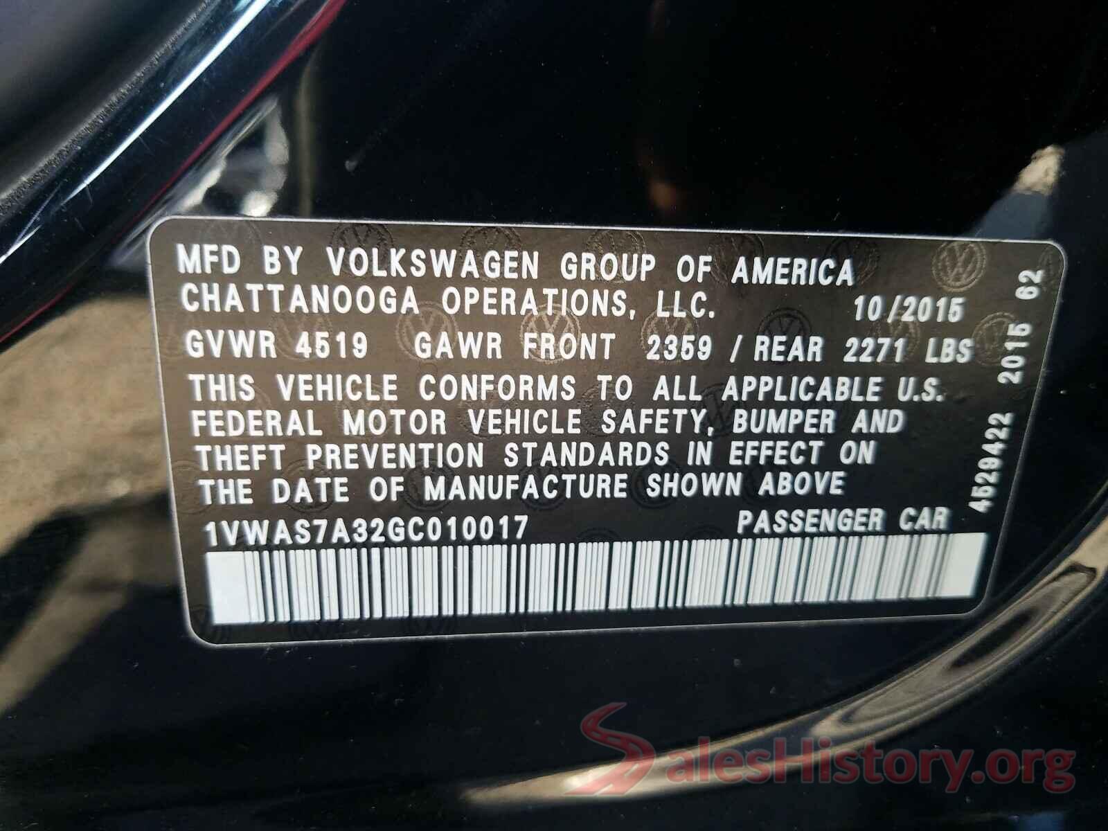 1VWAS7A32GC010017 2016 VOLKSWAGEN PASSAT