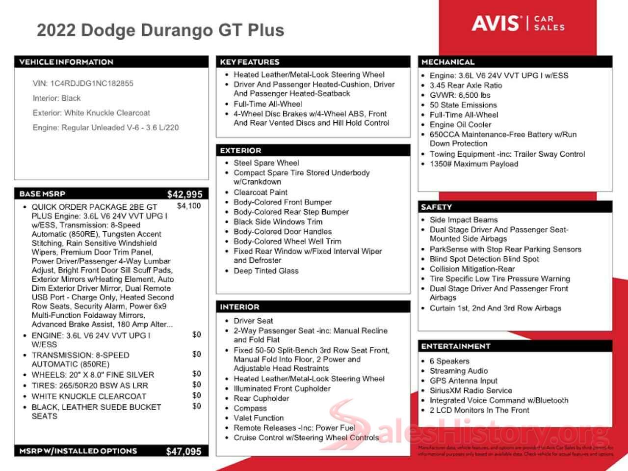 1C4RDJDG1NC182855 2022 DODGE DURANGO