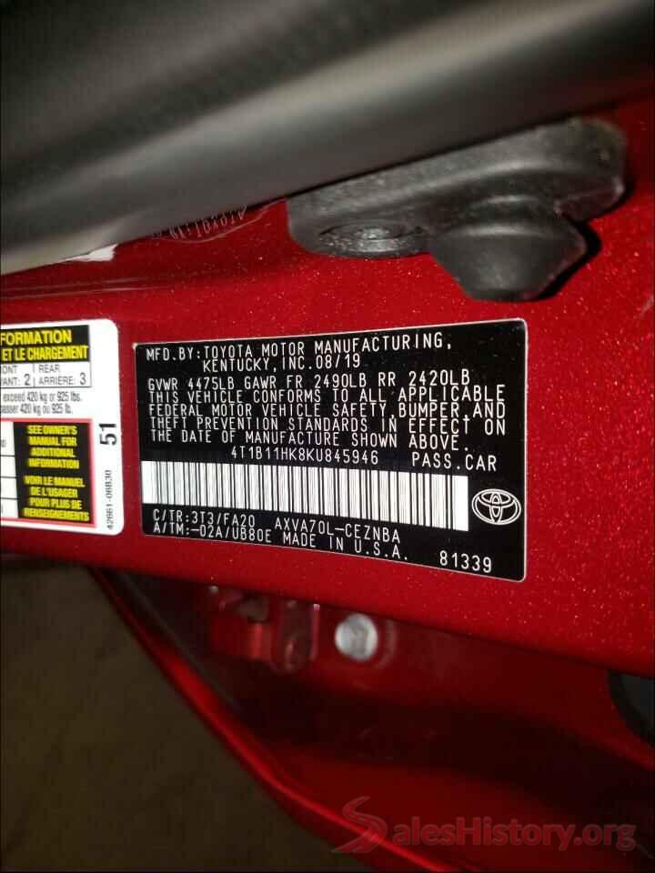 4T1B11HK8KU845946 2019 TOYOTA CAMRY