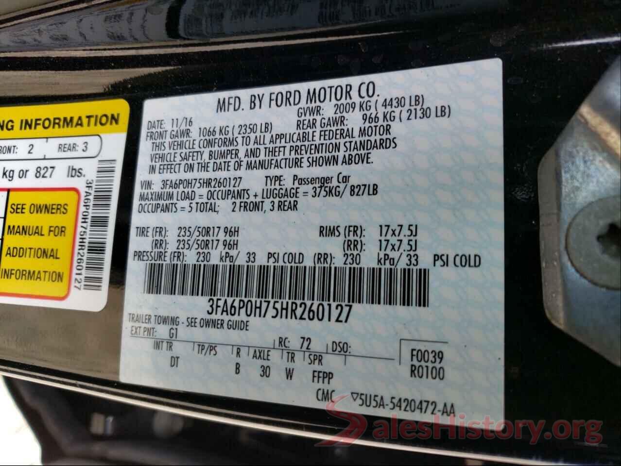 3FA6P0H75HR260127 2017 FORD FUSION