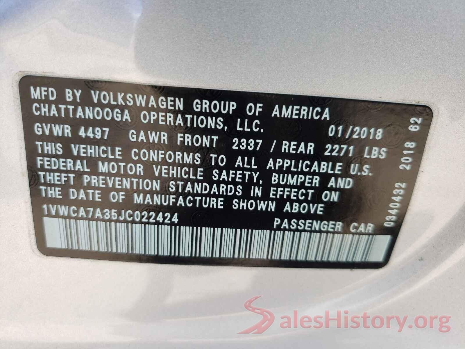 1VWCA7A35JC022424 2018 VOLKSWAGEN PASSAT