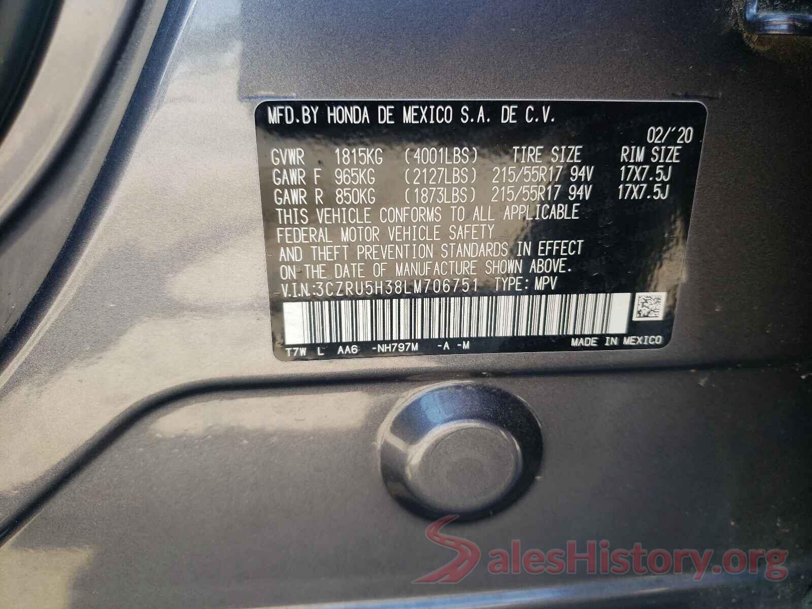 3CZRU5H38LM706751 2020 HONDA HR-V