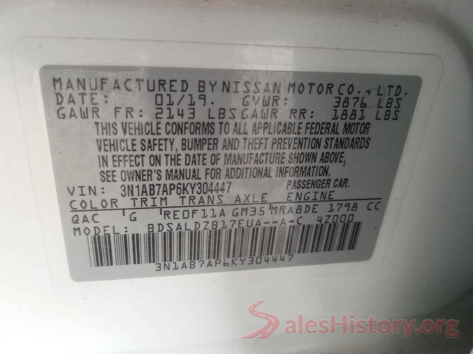 3N1AB7AP6KY304447 2019 NISSAN SENTRA