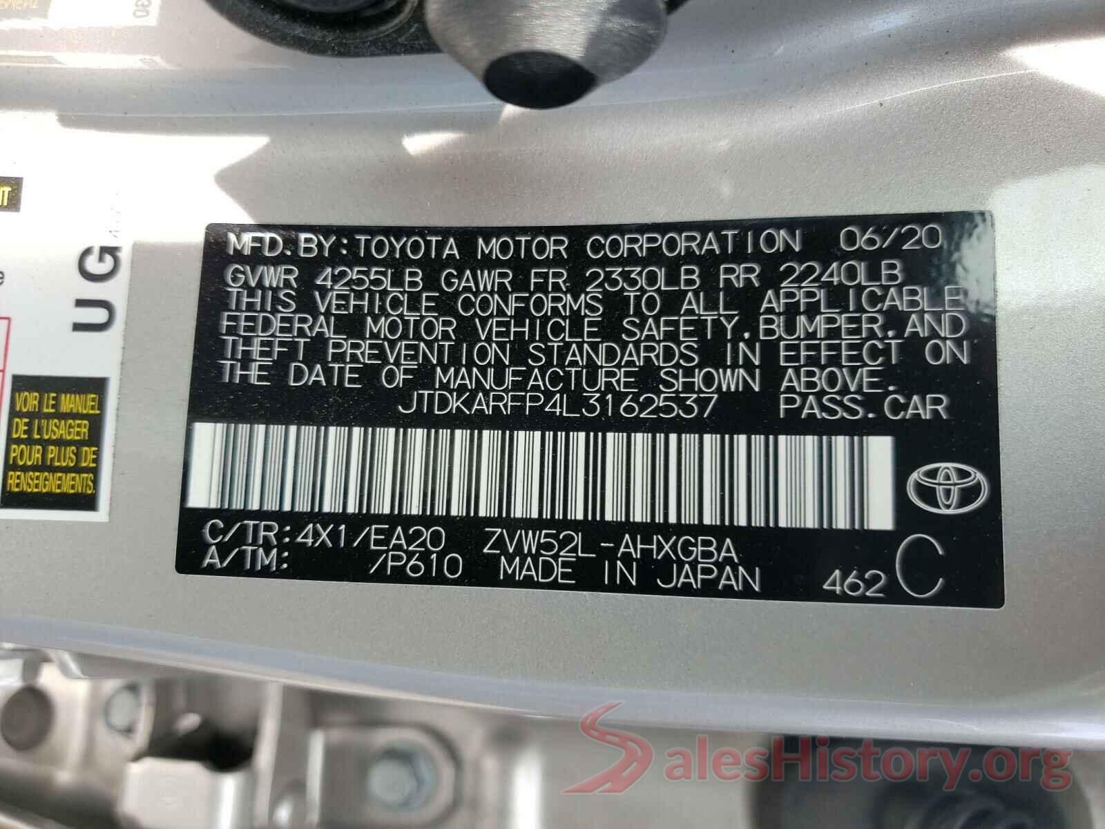 JTDKARFP4L3162537 2020 TOYOTA PRIUS