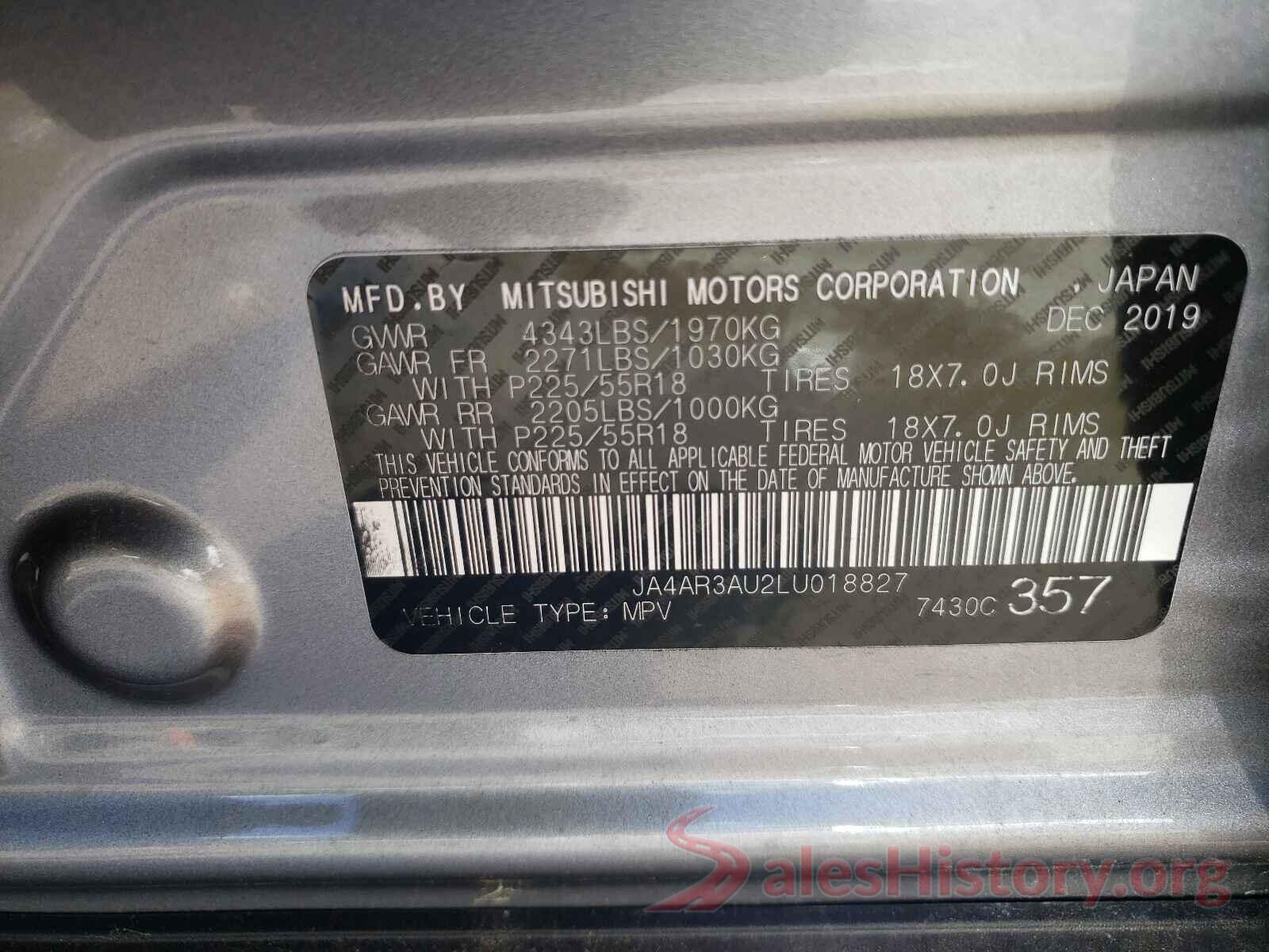 JA4AR3AU2LU018827 2020 MITSUBISHI OUTLANDER