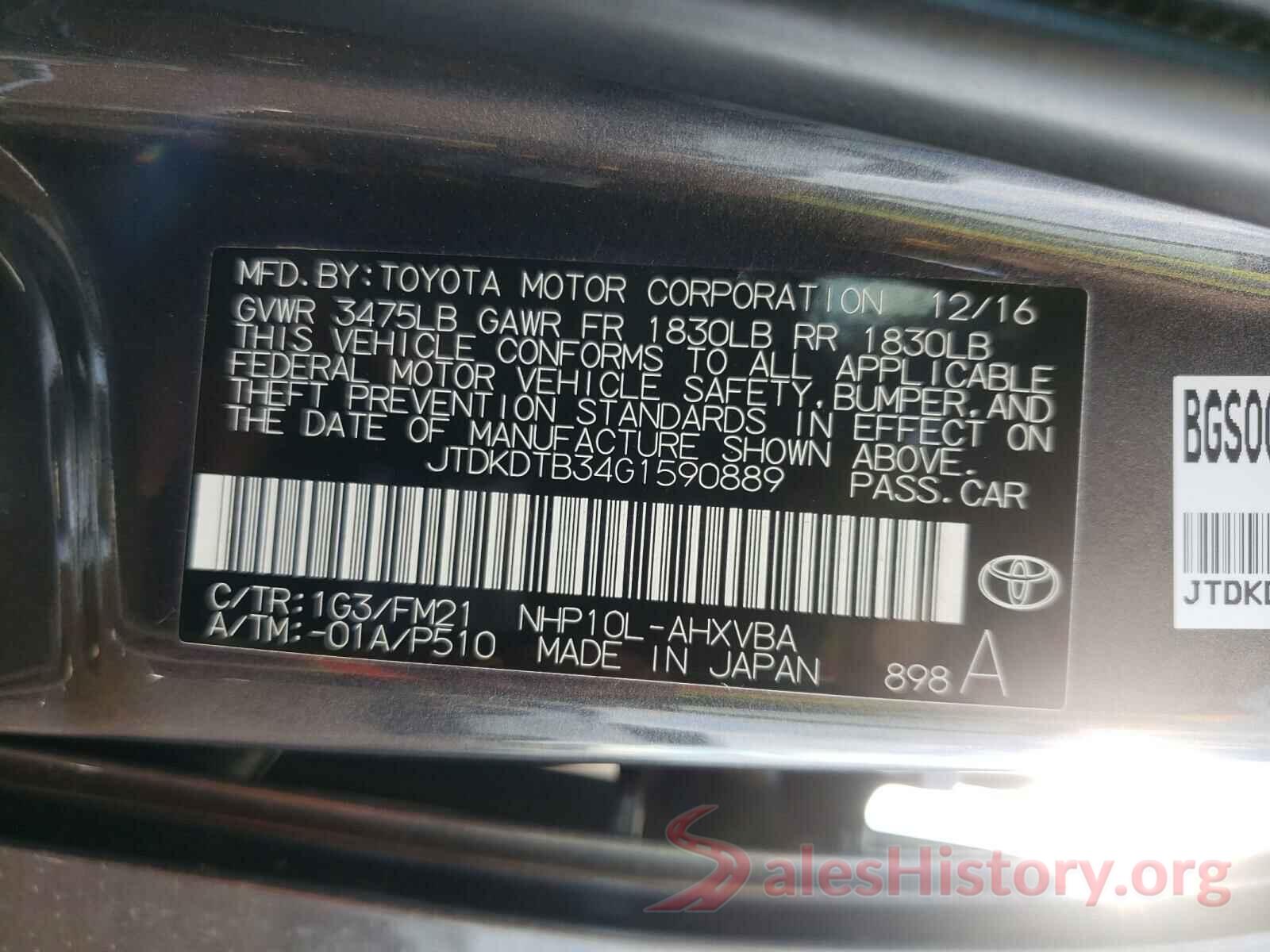 JTDKDTB34G1590889 2016 TOYOTA PRIUS