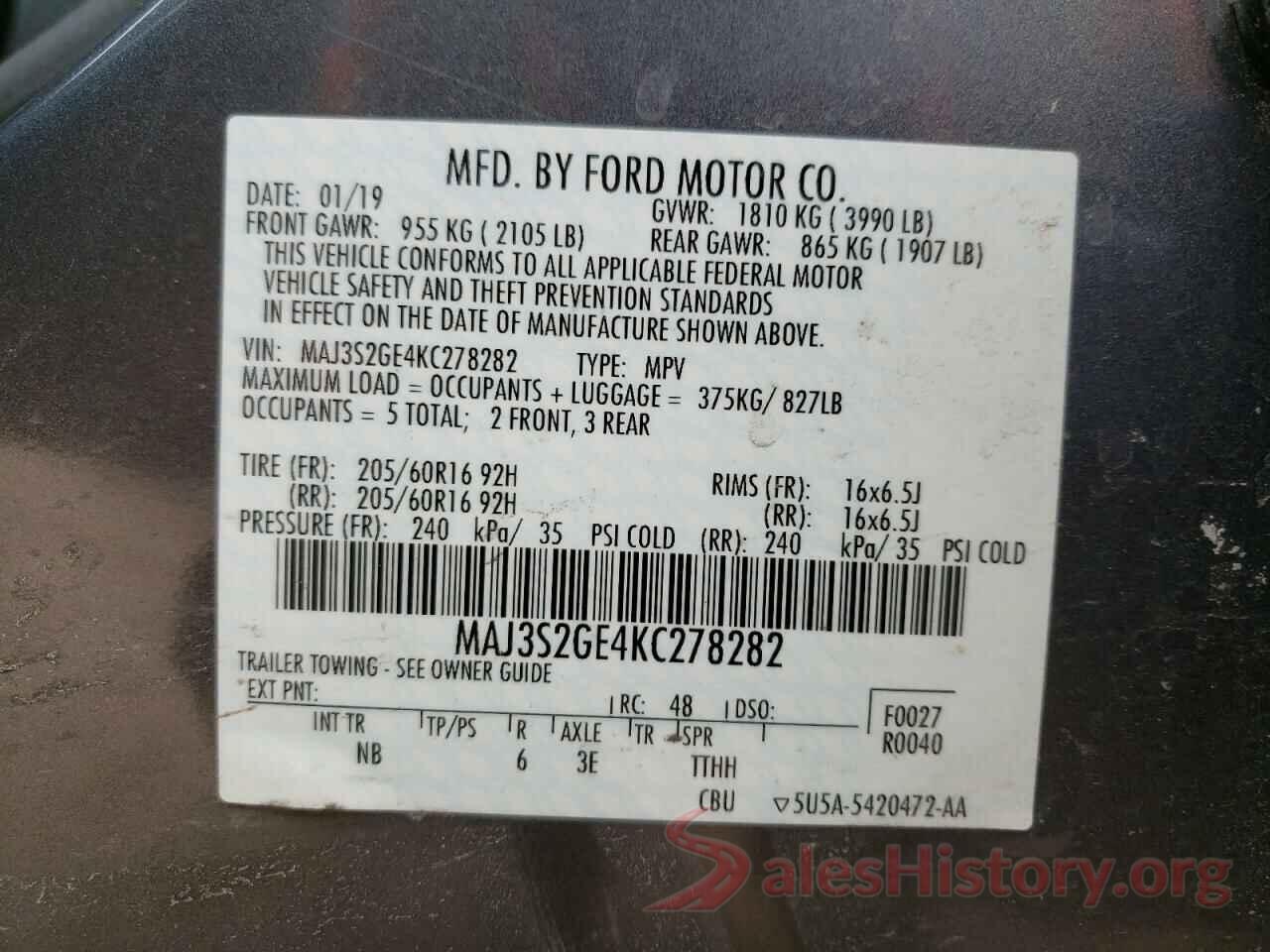 MAJ3S2GE4KC278282 2019 FORD ECOSPORT