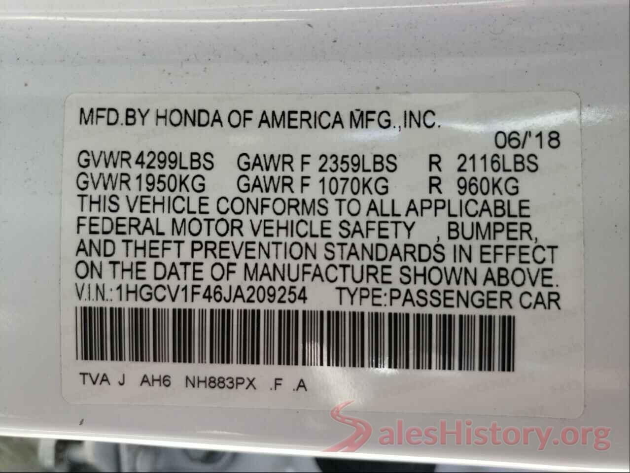 1HGCV1F46JA209254 2018 HONDA ACCORD