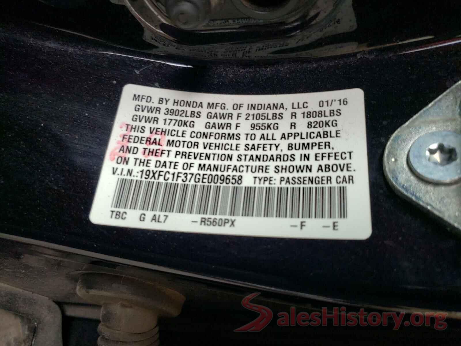 19XFC1F37GE009658 2016 HONDA CIVIC