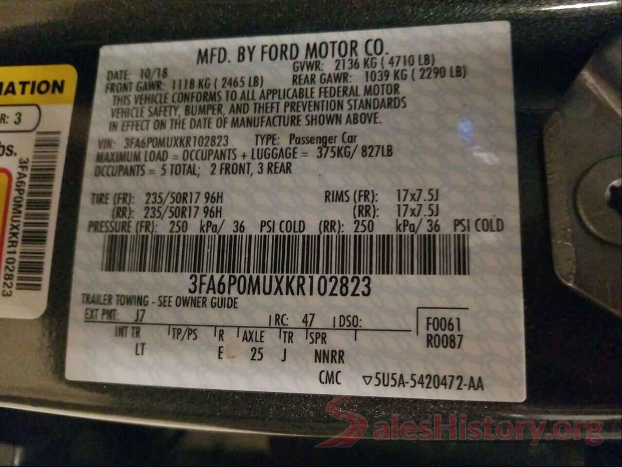 3FA6P0MUXKR102823 2019 FORD FUSION