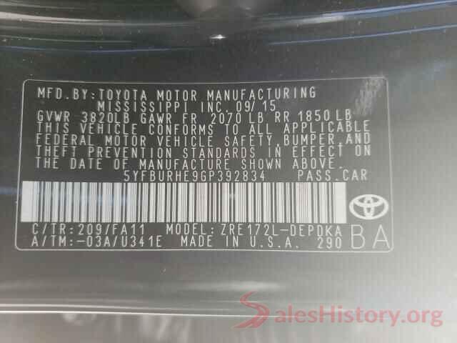 5YFBURHE9GP392834 2016 TOYOTA COROLLA