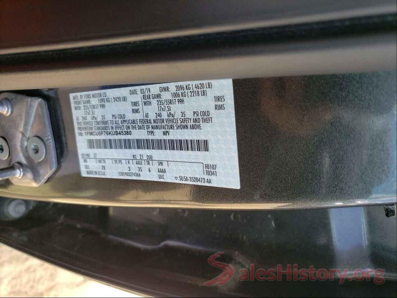 1FMCU0F76KUB45380 2019 FORD ESCAPE