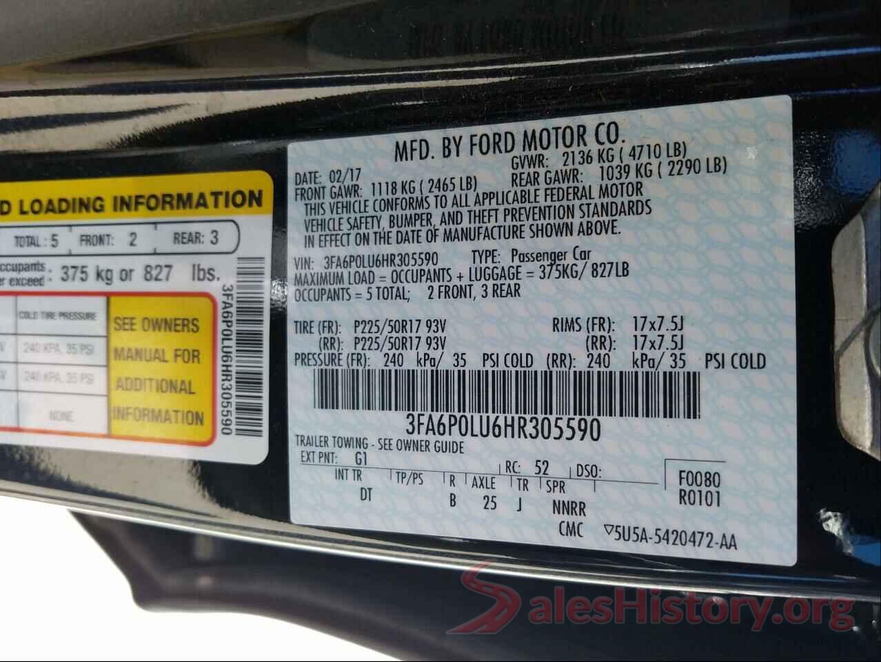 3FA6P0LU6HR305590 2017 FORD FUSION