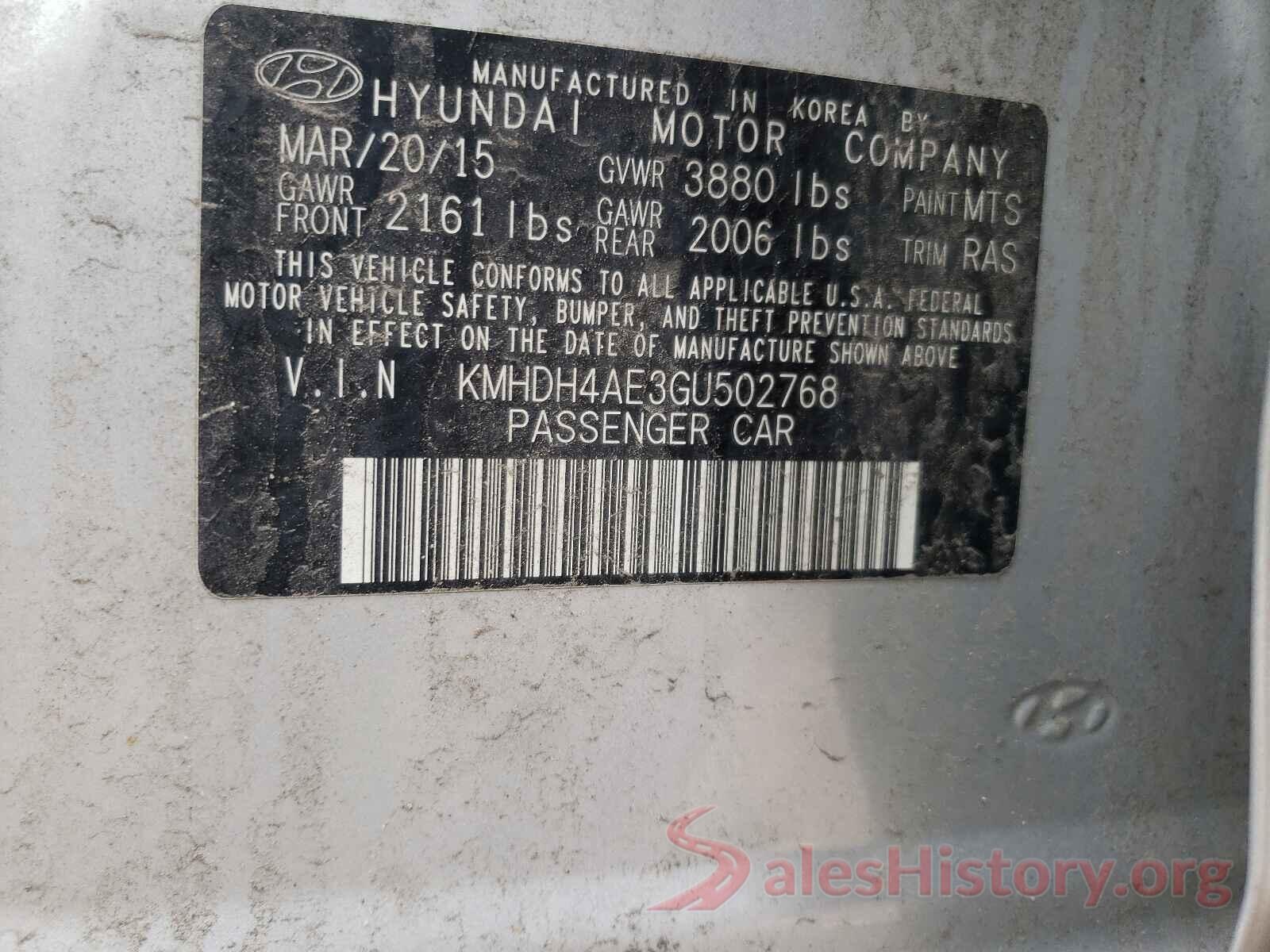 KMHDH4AE3GU502768 2016 HYUNDAI ELANTRA