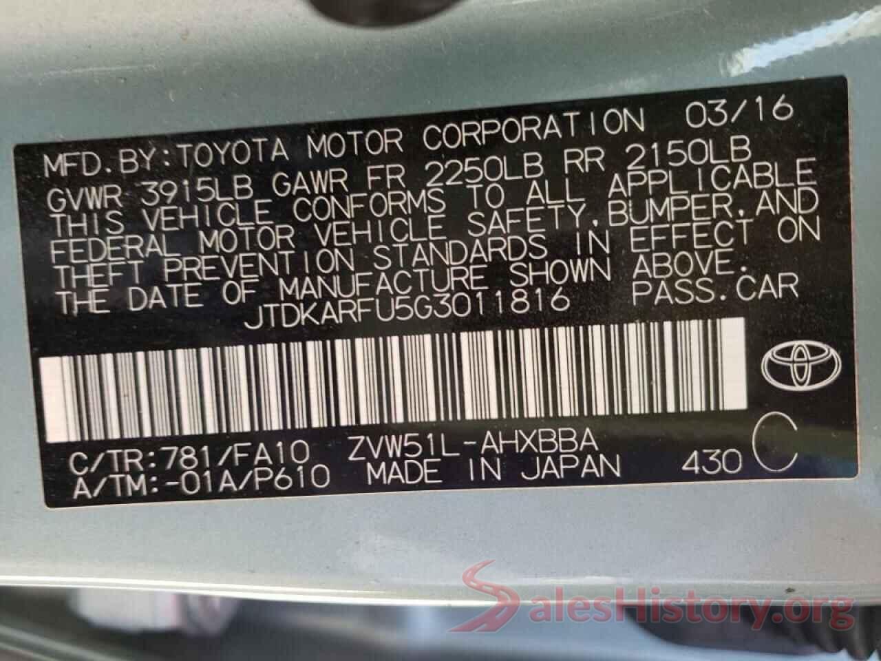 JTDKARFU5G3011816 2016 TOYOTA PRIUS