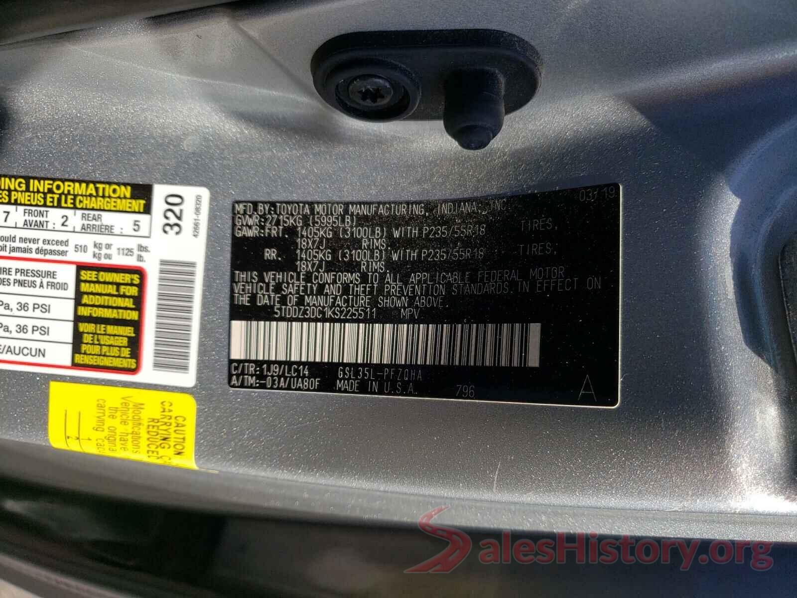 5TDDZ3DC1KS225511 2019 TOYOTA SIENNA