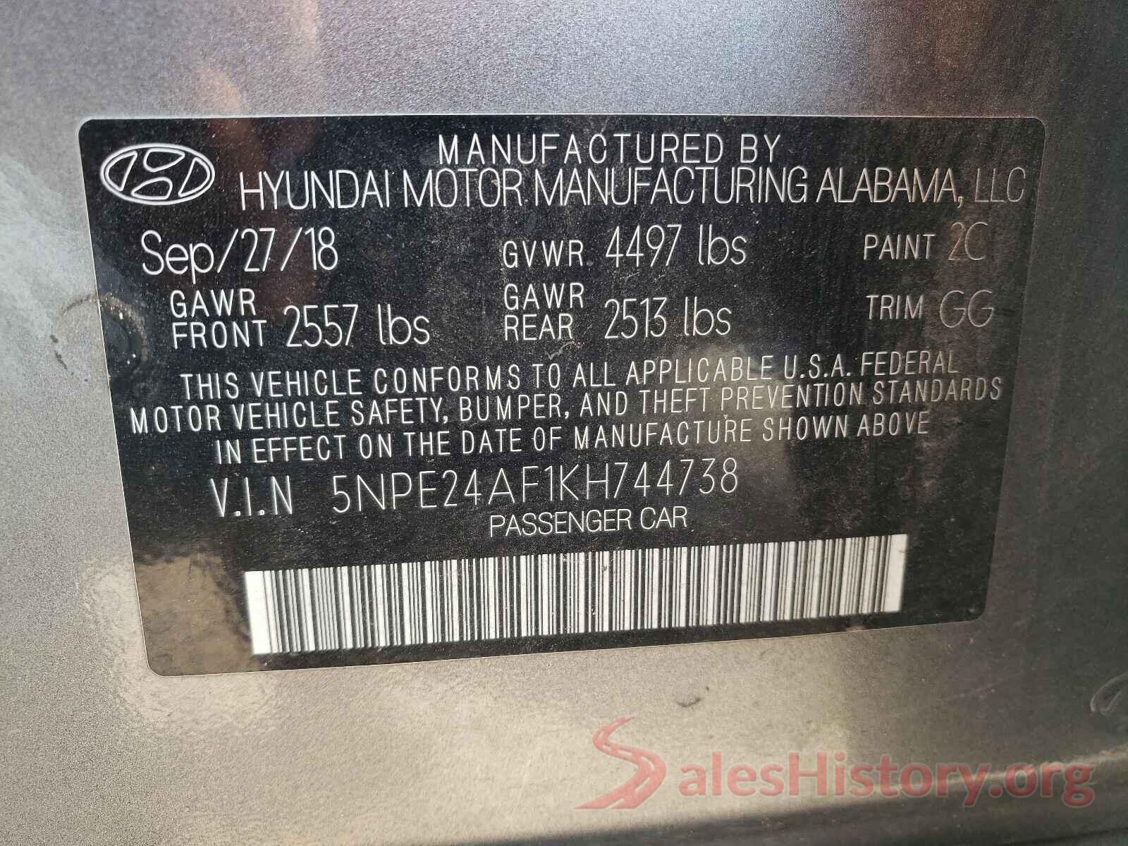 5NPE24AF1KH744738 2019 HYUNDAI SONATA