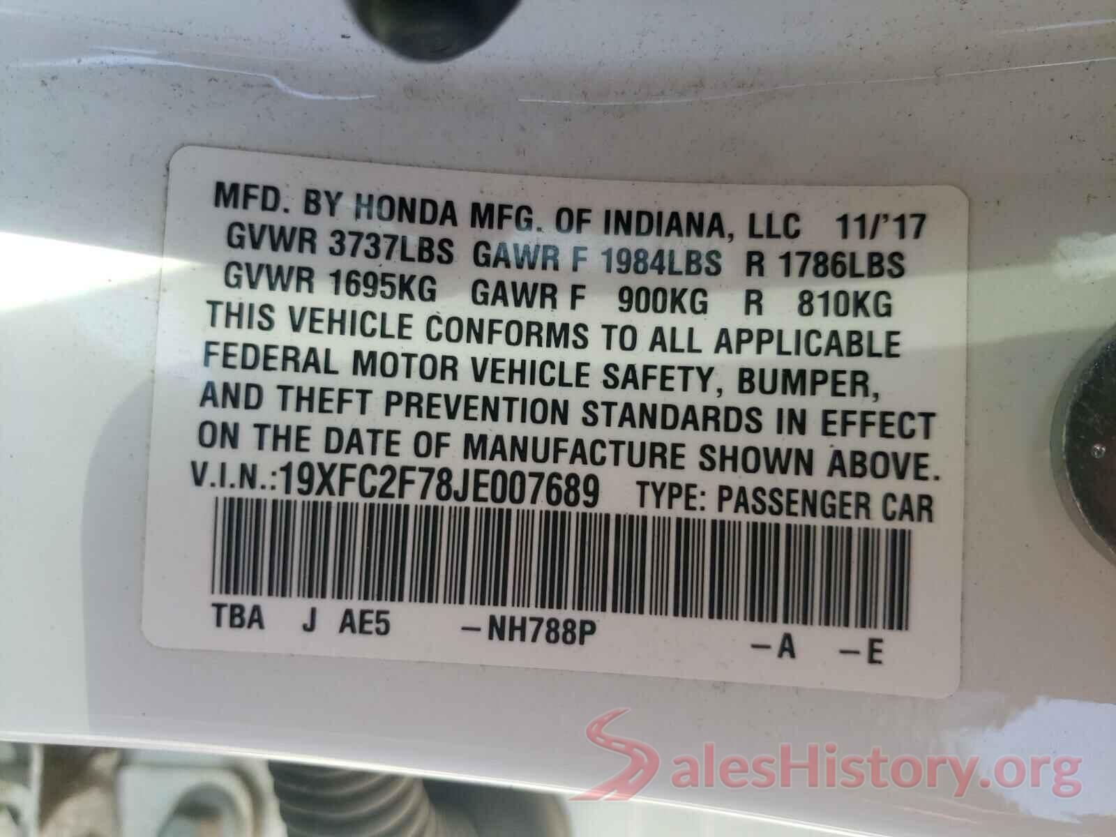 19XFC2F78JE007689 2018 HONDA CIVIC