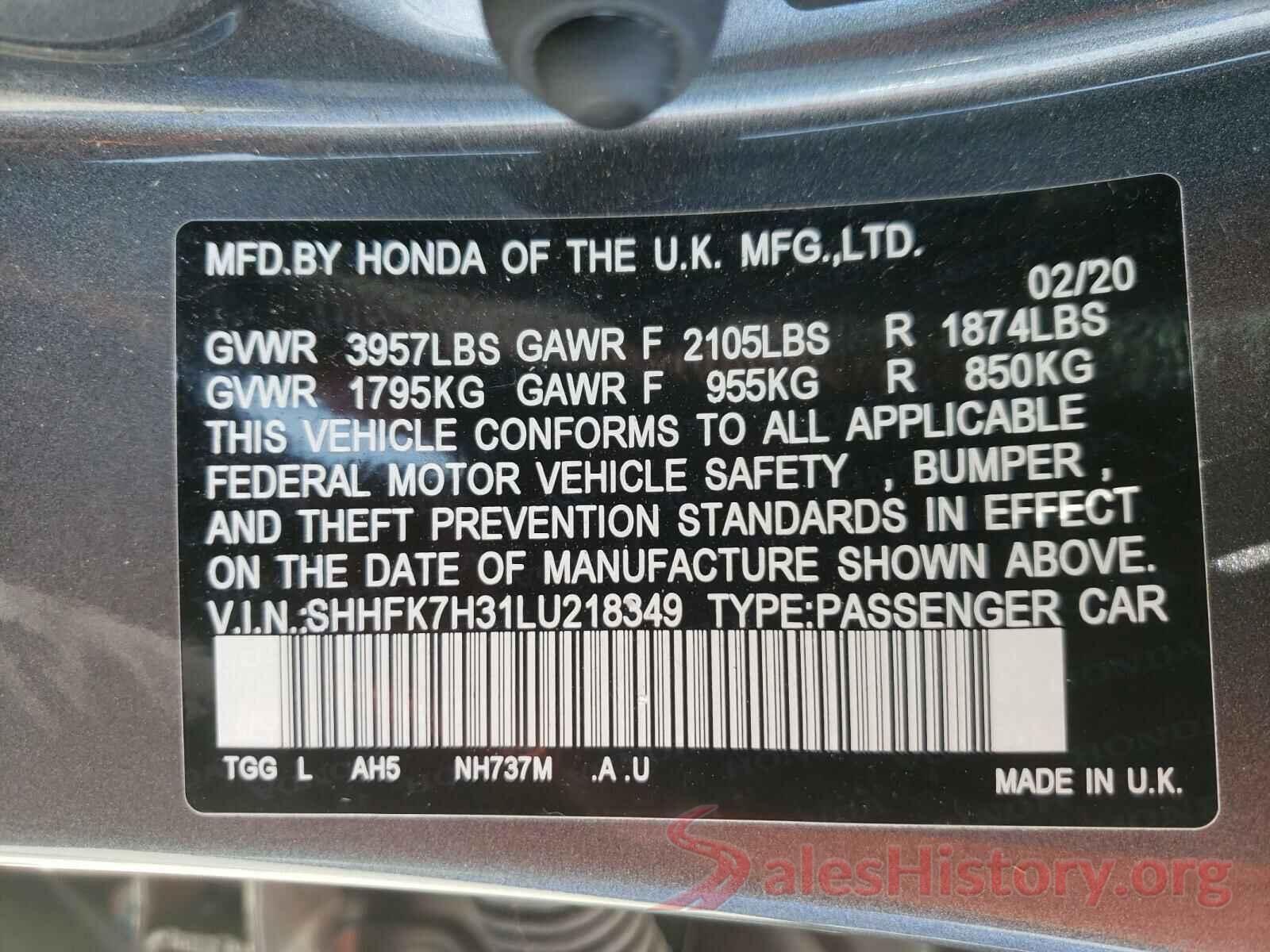 SHHFK7H31LU218349 2020 HONDA CIVIC