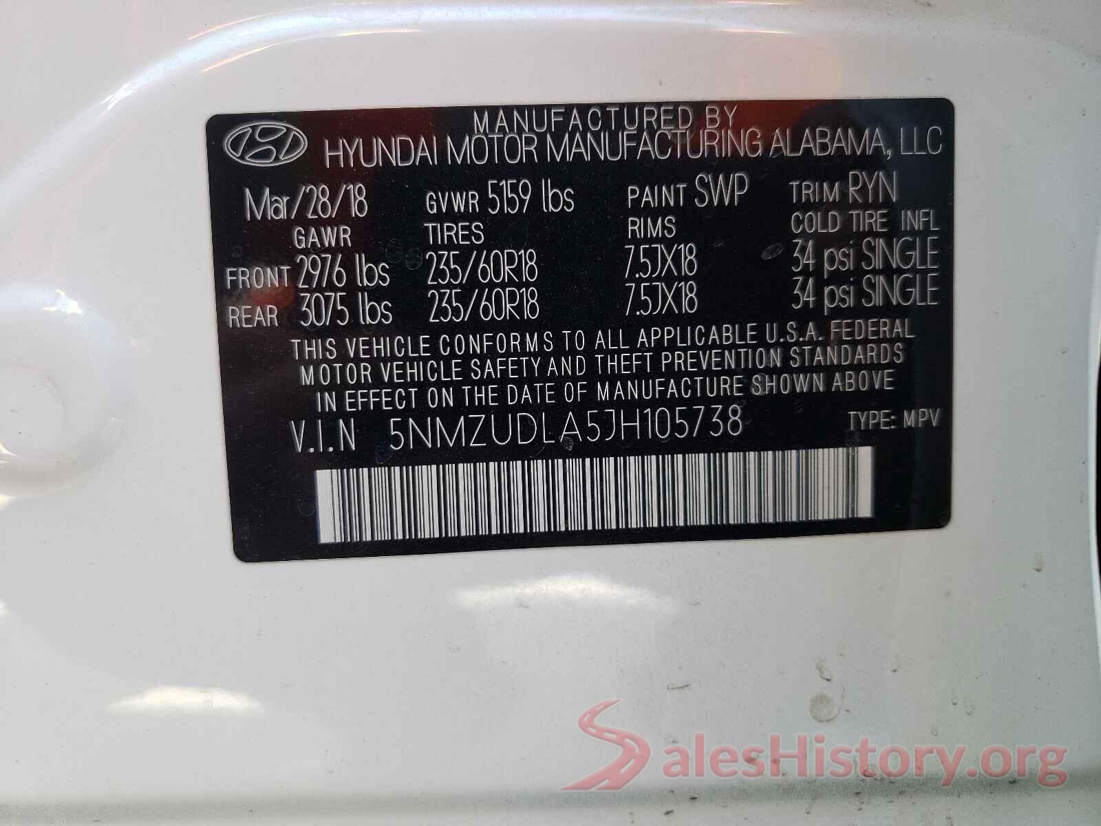 5NMZUDLA5JH105738 2018 HYUNDAI SANTA FE