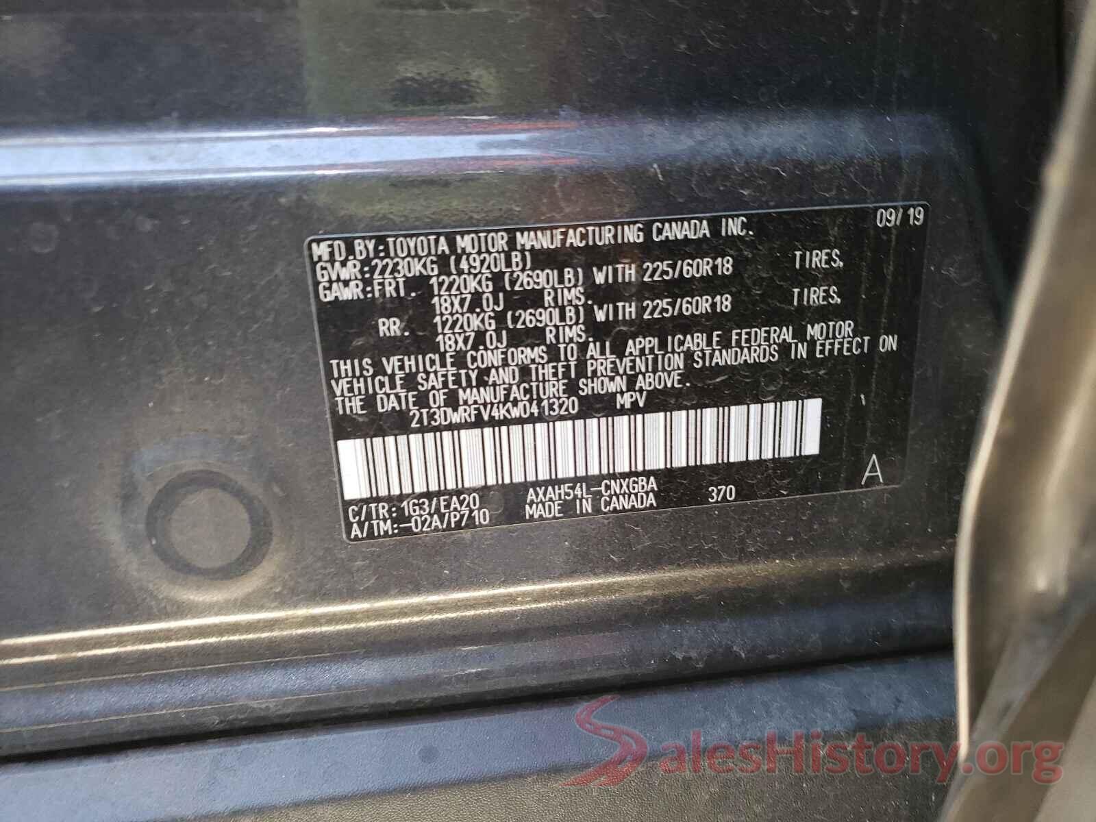 2T3DWRFV4KW041320 2019 TOYOTA RAV4